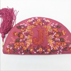 Anthropologie J Beaded Sequins Leather Monogram Wallet